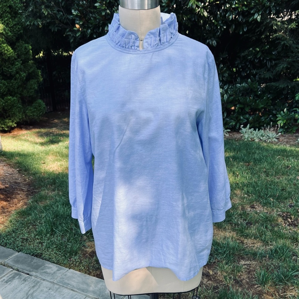 COS Cotton Oxford Cloth Light Blue Blouse, Ruffled Collar, Back Neck Tie Sz 12